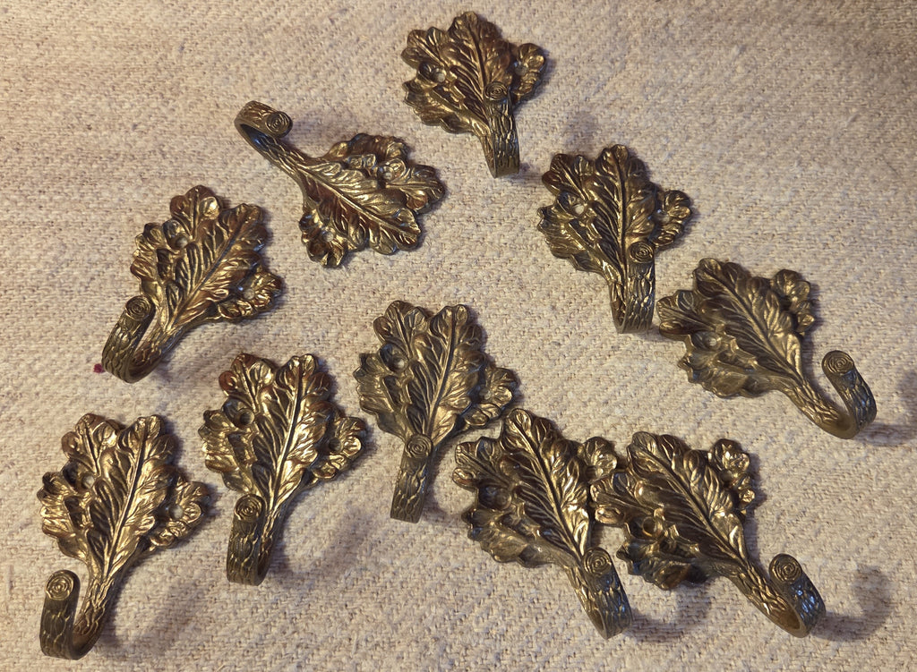 Collection of 10 Vintage Brass Oak Leaf Hooks