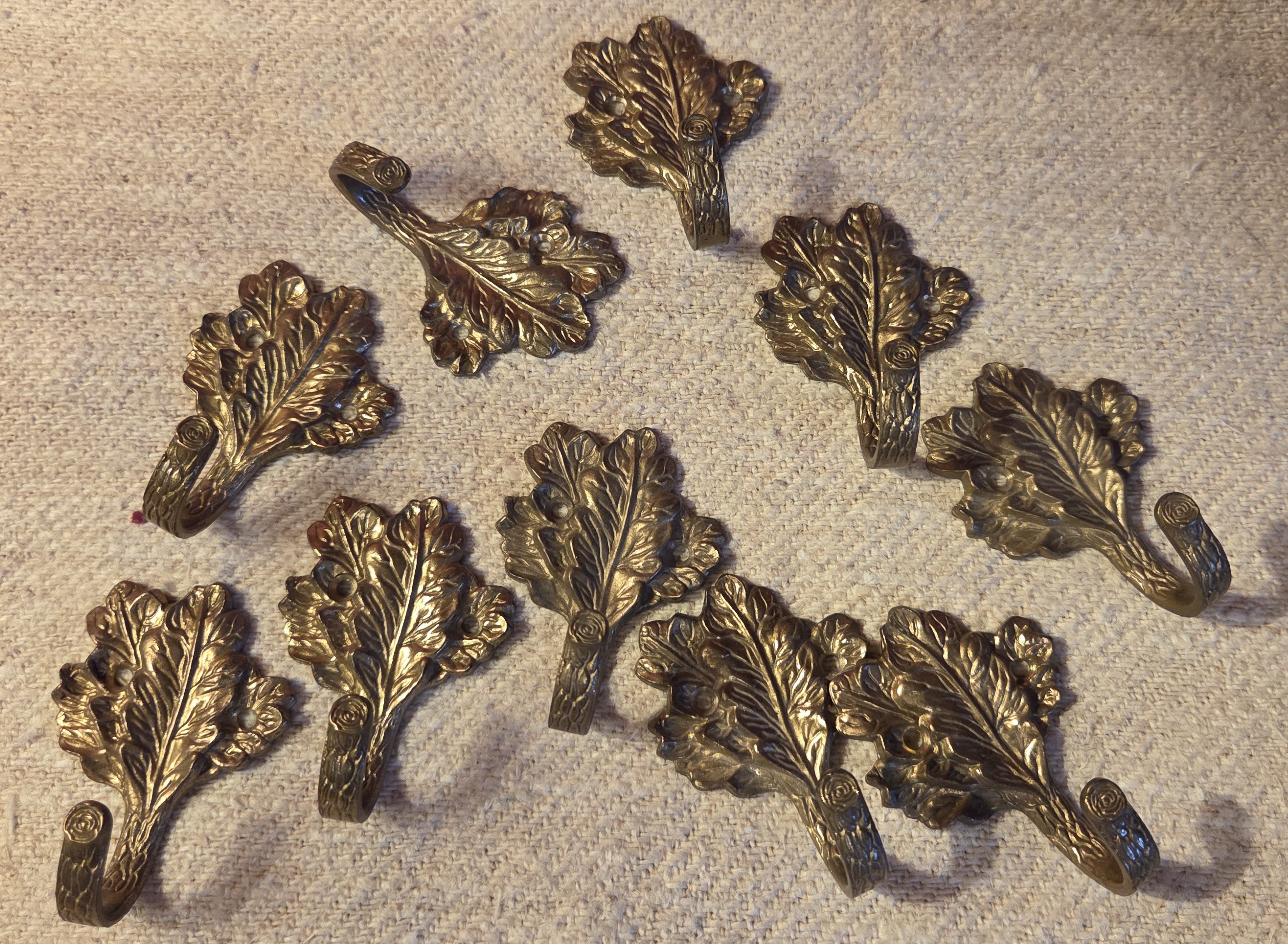 Collection of 10 Vintage Brass Oak Leaf Hooks