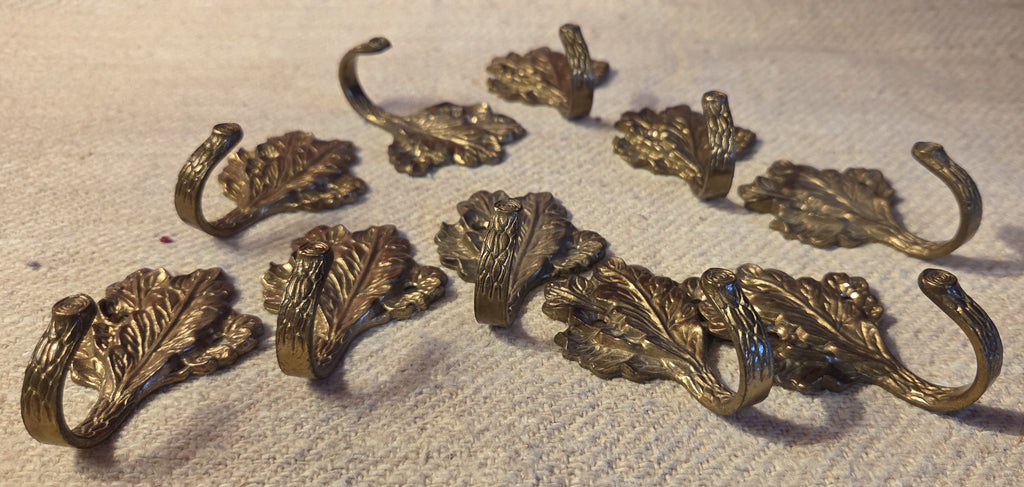 Collection of 10 Vintage Brass Oak Leaf Hooks