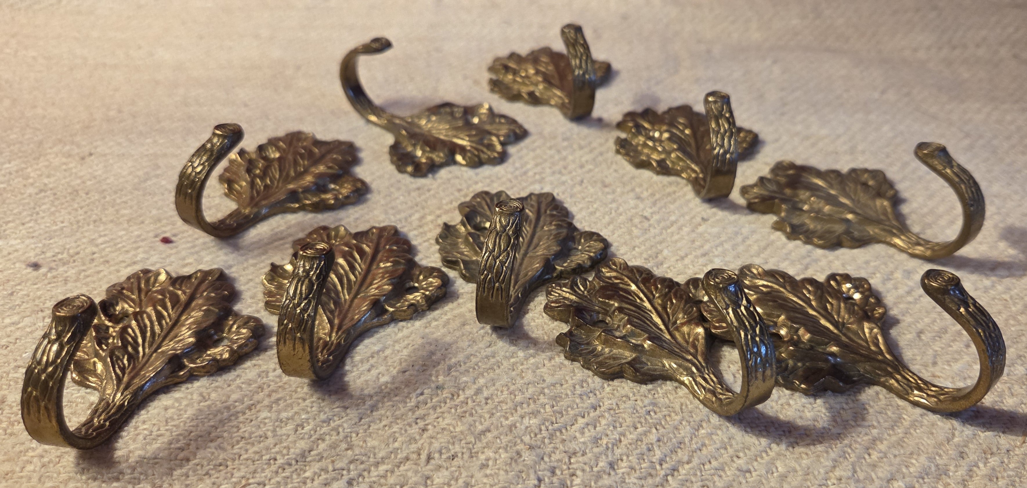 Collection of 10 Vintage Brass Oak Leaf Hooks